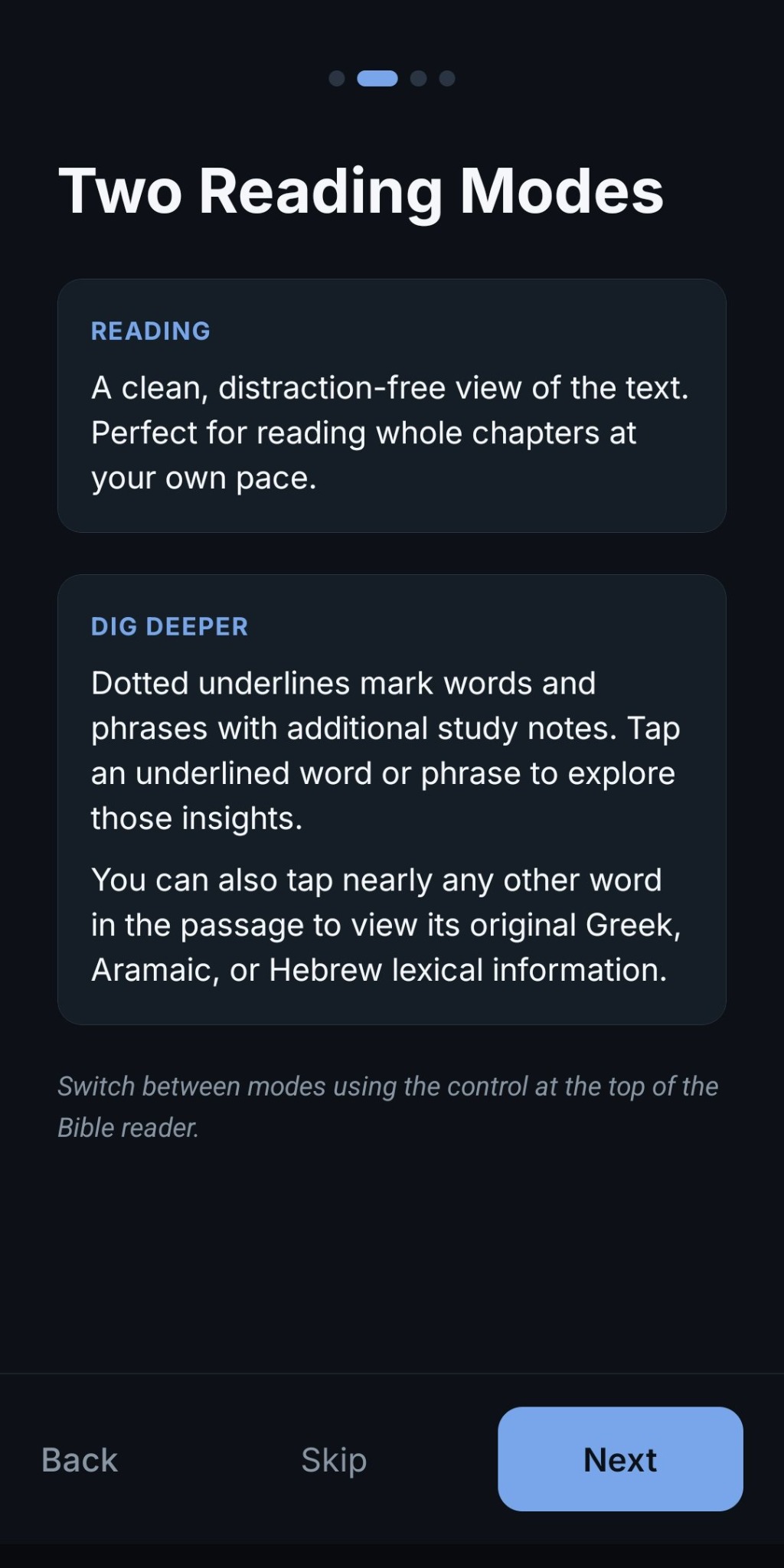 Rooted Word reading modes screen