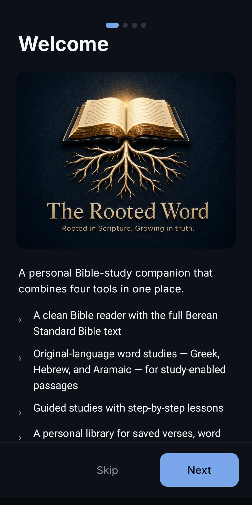 Rooted Word welcome and onboarding screen